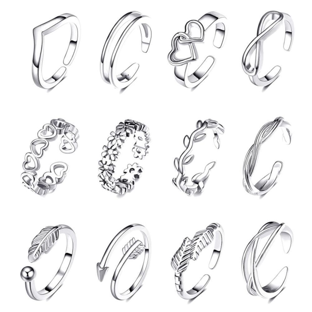 Silver Adjustable Open Toe Rings - Set of 12